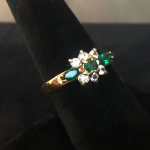Golden Ring with Emerald-Green & Clear Gemstones